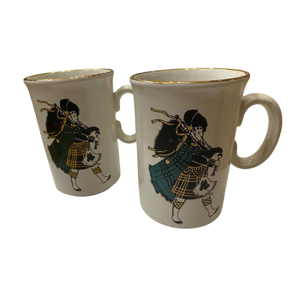 Vintage Ceramic Scottish Bagpiper Design Coffee Mugs Set Of 2 Made In England